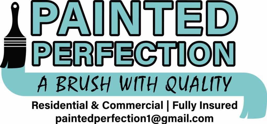 The Painted Perfection LLC logo in the color acqua with the words "Painted Perfection, a brush with quality"