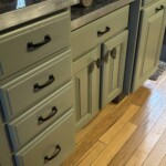 Evergreen Fog on lower cabinets with new hardware