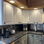 Sunbleached upper cabinets, evergreen fog lower cabinets and new hardware