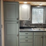 After: Sunbleached upper cabinets, evergreen fog lower cabinets and new hardware
